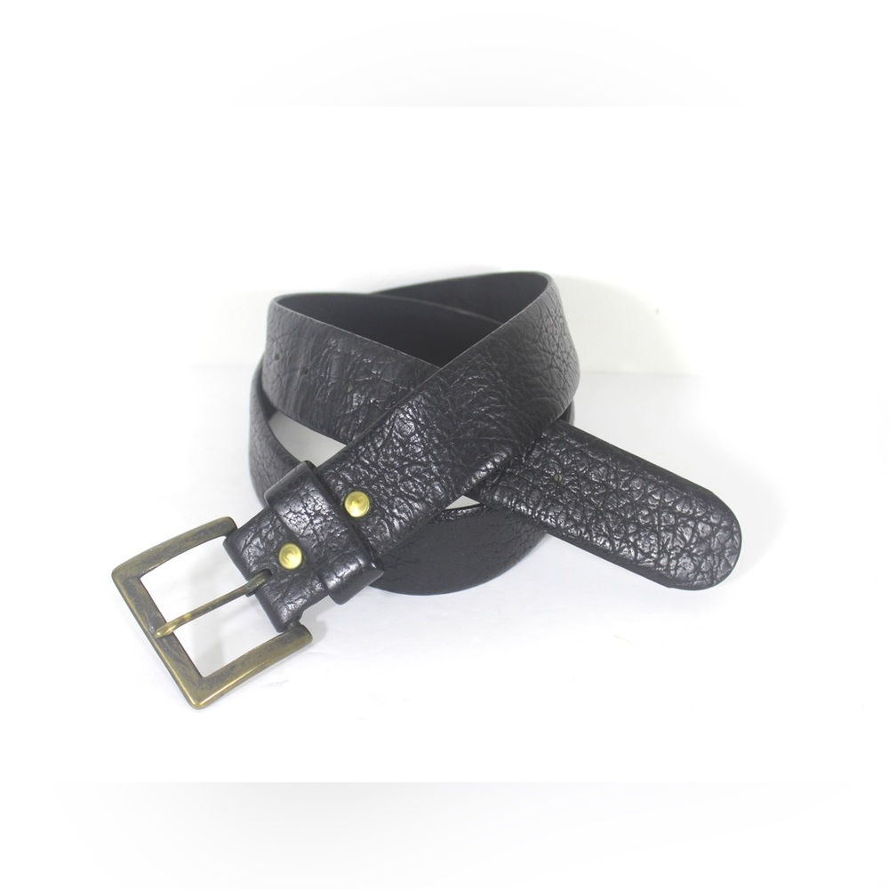 Vintage Wide Black Textured Leather Belt, Brass Buckle with Patina
